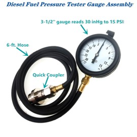 Diesel Fuel Pressure Tester Gauge Assembly TU-32-6 6.6L,Fits for GM Duramax Diesel Fuel System Test Kit, with Quick Coupler (30 inHg - 15 PSI, 6FT)
