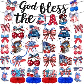 4th of July Decorations God Bless the USA Banner American Flag Bow Cherry Hanging Swirls and Blue Red Honeycomb Centerpiece Independence Day Decor for Veterans Day Patriotic Decorations