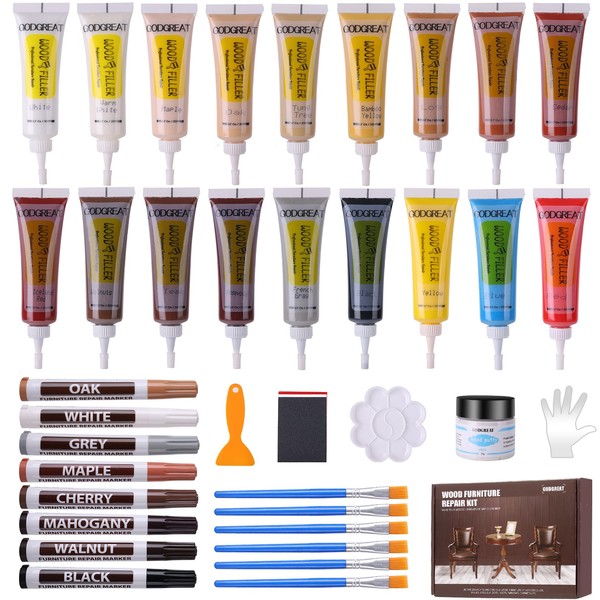 Wood Repair Kit - 37 Sets, Wood Fillers Furniture Repair Kit with 18 Colors Oak Walnut, Wood Floor Scratch Remover, Wood Touch Up Markers Pen and Wood Putty for Wood Scratch,Cabinet,Floor, Table