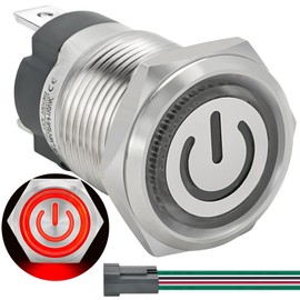 15 Amp Momentary Push Button Switch 16mm 5/8" Waterproof IP67 110V-120V 1NO SPST with Red LED Light 304 Stainless Steel On Off with Wire Socket
