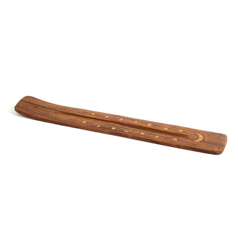 Wooden Incense Holder for Sticks with Inlays of Brass Crescent