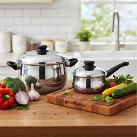 Tuxton Home Nevada 7 Piece Cookware set; Stainless Steel, PFTE & PFOA Free, Freezer to Oven Safe, Induction Compatible; 1QT & 2QT Saucepans, 5QT Dutch Oven, 10" Open Frypan