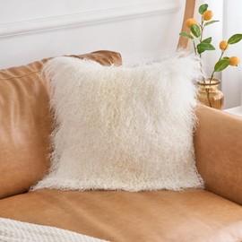 Genuine Mongolian Lamb Fur Pillow Cover – 16"x16" Soft Curly Wool Cushion Cover for Sofa, Couch, or Bed – Luxurious Decorative Accent (Natural White)