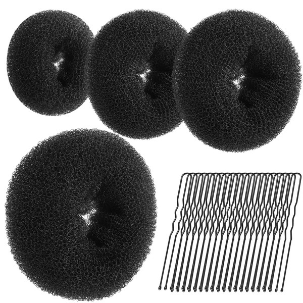 Teenitor Hair Bun Set Black 4 Pieces Hair Bun Maker with 20 Hair Pins for Ballet Bun Donut Maker Chignon Donut Ring Style for Dancers (XL, L, M, S)