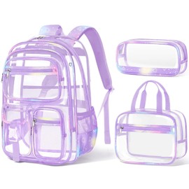 Fimibuke Clear Backpack for Girls, 3PCS Heavy Duty PVC Transparent Girls Backpack with Lunch Box & Pencil Case School Stadium Approved Cute Toddler School Bookbag for Preschool Kindergarten Elementary