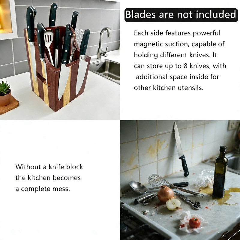 360° Rotating Magnetic Wooden Knife Block for Kitchen without Knives