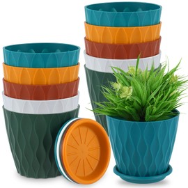 Suclain 10 Pack 6 Inch Plant Pots with Drainage Hole and Tray Saucer Plastic Pots for Plants Flower Pots for Indoor Plants for Your Room, Office, Garden Decor (Wave)