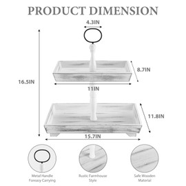CXCJAI Decorative Tray Two Tiered Tray Stand for Easter Decor Wood Serving Trays for Farmhouse Kitchen Coffee Cupcake Food Fruits Display and Party White Rectangular Home Decor,White Rectangular