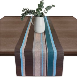 CK Home Teal Brown Stripe Table Runner (71"x 2"), Woven Vinyl Mat for Indoor/Outdoor, Reversible & Washable.