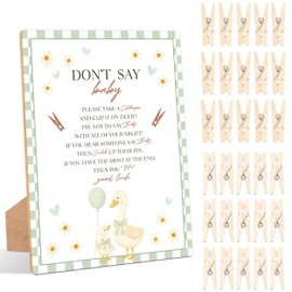 Goose Don't Say Baby Clothespin Game, Pack of 1 Wooden Tabletop Sign with Stand and 50 Mini Natural Clothespins, Sage Green Goose Shower Game, Gender Reveal Party Decorations - FN12