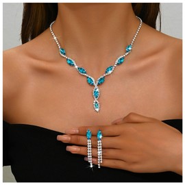 Crystal Wedding Necklace Earrings Set Bridal Rhinestone Pendant Necklace Sets Marquise Chain Jewelry for Women (Blue)