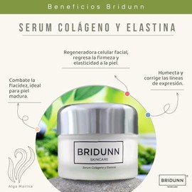 · Sin Parabenos Bridunn Suero Doble Colágeno — Marino + Hidrolizado + Elastina · Efecto Tensor y Antiedad · Firmeza y Contorno Facial · Sin Parabenos · Dermatológicamente Probado · 30 ml