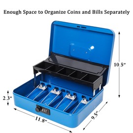 Jssmst Locking Metal Cash Box with Coin Lid, 11.8L x 9.5W x 3.5H Inches, Safe Money Box with Combination Lock, Blue, SM-CB0514BL