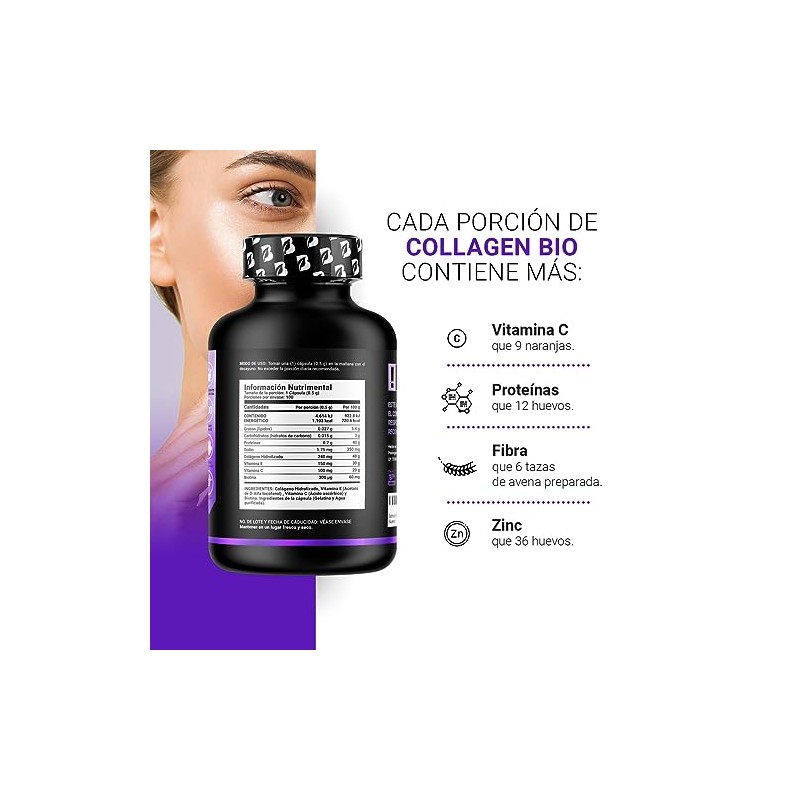 Biotina de 100 Cápsulas. Ingredientes naturales: Colágeno, Vitamina E y