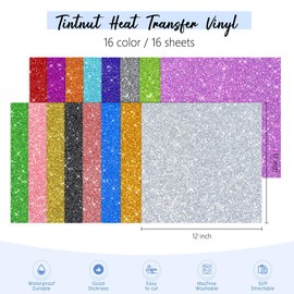 Tintnut Glitter HTV Heat Transfer Vinyl - 16 Sheets 12"X12" Colorful Glitter Heat Transfer Vinyl Shinny Glitter Iron On Vinyl for T-Shirts Glitter HTV Compatible with Cricut Or Sillhoutte Cameo