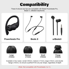 8pcs Powerbeats Pro Silicone Ear Tips Compatible with Beats Powerbeats Pro, Beats X, urBeats3 Earphones (Pro Eartips Black)