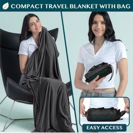 PAVILIA Travel Blanket Airplane Compact with Bag, Soft Packable Plane Blanket Kids Adults, Portable Camping Flight Essentials, Travelers Gifts Accessories, Luggage Backpack Strap, 65x40 Black