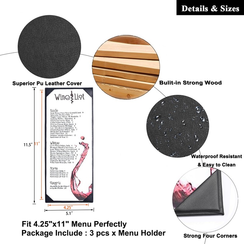 3 Packs of Leather Menu Covers for with Strong Wood