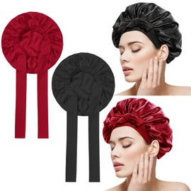 TULEBOLIAN Pack of 2 Satin Hair Caps for Women, Night Sleeping Cap, with 2 Hair Elastics, Sleep Cap, Breathable Silk Sleeping Cap, Hair Protection for the Night, for Women and Girls, black