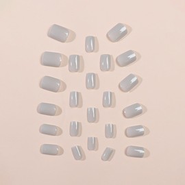 Short Press on Nails Square Fake Nails Gray Acrylic Nails Glossy Full Cover Stick on Nails Soild Color Designs False Nails with Glue Natural Reusable Artificial Nails for Women and Girls 24PCS