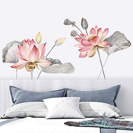 COVPAW® Wall Sticker XXL Lotus Pink Lotus Leaf Flowers Wall Sticker Mural Pictures Living Room Bedroom Decoration