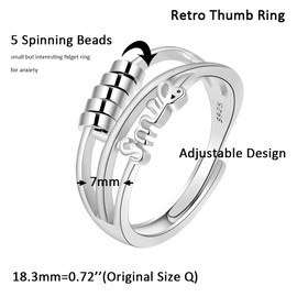Shuxin 925 Sterling Silver Anxiety Ring for Women, Adjustable Thumb Rings for Women Men, Solid Silver Retro Spinner Rings for Anxiety Stress Relief, Magic Mood Smile Rings for Anxiety Women Men