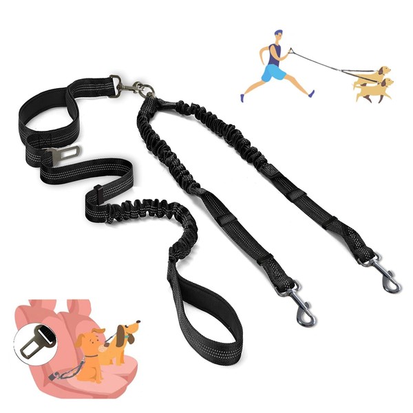 Zhilishu Double Dog Leash, Dual Leash for Dogs 360° No Tangle Two Dogs Leash Adjustable Tangle Free Double Leash for Small Medium Large Dogs Walking Training(Black)