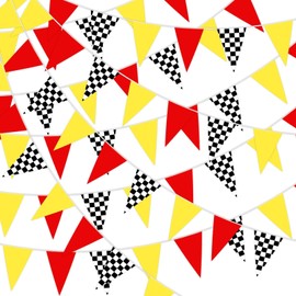 MARFOREVER 132 Ft Red Yellow Black White Checkered Flag Banner, 80 Pcs Racing Triangle Flags Race Car Pennant Banner Flag for NASCAR Monster Truck Birthday Baby Shower Party Decorations, 11.8x7.9 inch