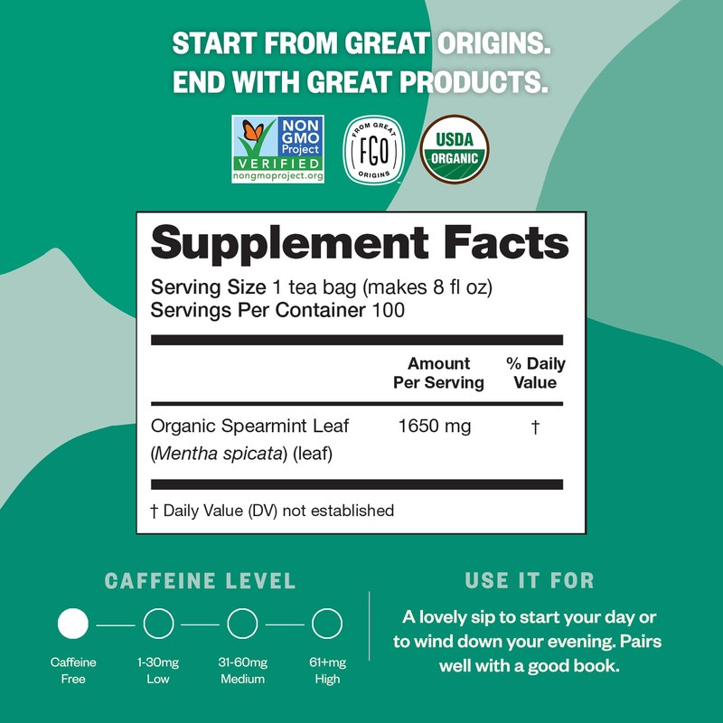 FGO Organic Spearmint Leaf Tea, 100 Count, Eco-Conscious Tea Bags,