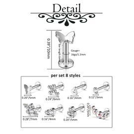 AllerPierce 8 Tragus Piercings Lip Piercing 16ga 6 mm Heart Cross Crescent Moon Butterfly CZ Stud Nose Stud Labret Helix Cartilage Piercing for Girls Women