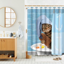 JTOOYS Shower Curtain Cat 180 x 180 cm Waterproof Anti-Mould Shower Curtains with 12 Shower Curtain Hooks Blue Funny Cat Bath Shower Child Washable Polyester Textile Shower Blind for Bathtub