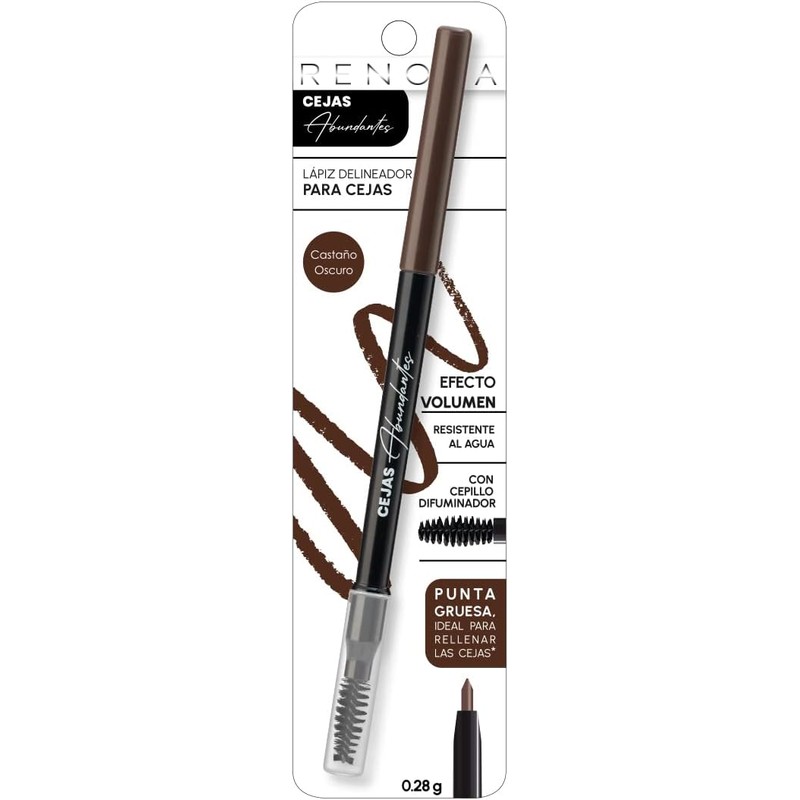 Renova Delineador Retráctil Cejas Abundantes Con Cepillo Castaño Oscuro 1g
