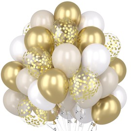Balloons Gold White, Pack of 60 White Beige Gold Latex Balloons with Gold Confetti Balloons, White Sand Metallic Gold Balloons for Birthday, Anniversary Celebrations and Boho Baby Shower Wedding JGA