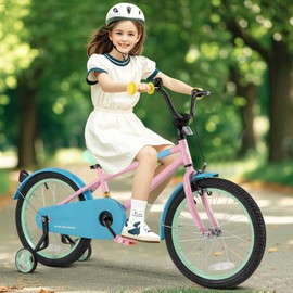 BABY JOY Kids Bike, 18 Inch Sport Style Children's Bicycle with Vivid Color, Training Wheels, Adjustable Handlebar & Saddle, Handbrake & Coaster Brake, Boys Girls Bike for 4-8 Years Old (Pink & Blue)