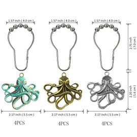 Aimoye Octopus Decorative Shower Curtain Hooks - Rust Proof Brushed Nickel Rings with Octopus Accessories Set Decorate Bathroom with Ocean, Beach, Sea, Nautical Theme (Colorful, 12PCS)