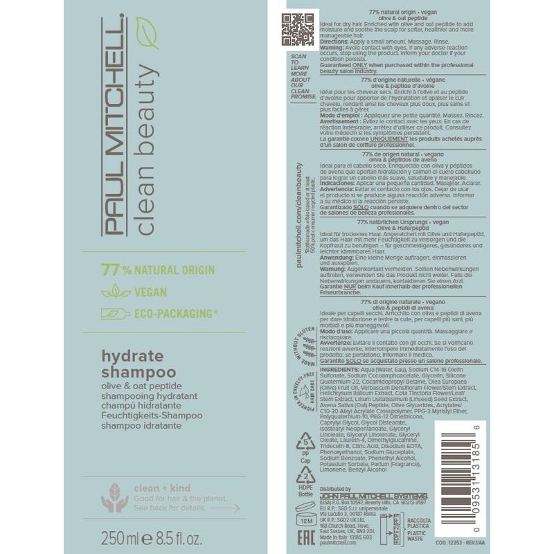 Paul Mitchell Clean Beauty Hydrate Shampoo, Repone la Hidratación del