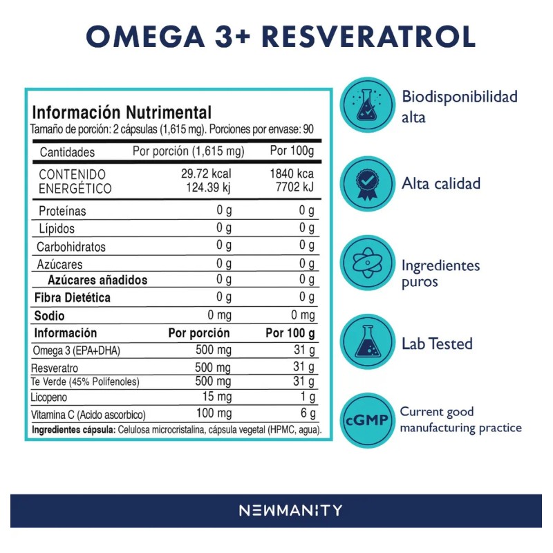 Omega 3 Resveratrol Con Licopeno Newmanity 180 Caps Sin Sabor