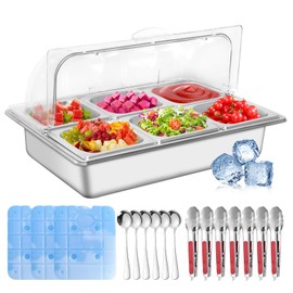 Ice Food Serving Display Tray with 6 Pan, Stainless Steel Salad Bar Buffet Station for Home, Pizza Topping Station, Ice Tray for Food Buffet, Cold Food Buffet Server for Party Home Hotel Kitchen