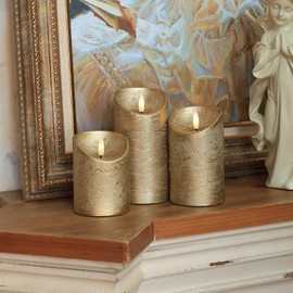 Flickering Flameless Candles with Timer, 3D Wick LED Candles with Remote, Set of 3 Real Wax Battery Operated Candles, Battery Operated Candles for Party Holiday Wedding Christmas Fall Decor, Gold