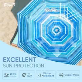 Tempera Heavy Duty High Wind Beach Umbrella with Sand Anchor & Carry Bag|Patio Outdoor Umbrella with Aluminum Frame and Push Button Tilt, Ideal for Travel Garden Lawn, UPF 60+,Ocean Stripe