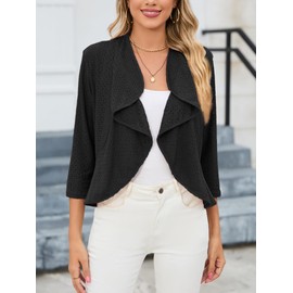 Famulily Ladies Summer Cardigans UK Eyelet 3/4 Sleeve Open Front Cardigan Lightweight Ruffle Outwear (M, Black)