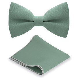 Bow Tie House Classic Pre-Tied Bow Tie Set Formal Pocket Square Solid Hanky Tuxedo with Handkerchief set (Large, Green Fern)