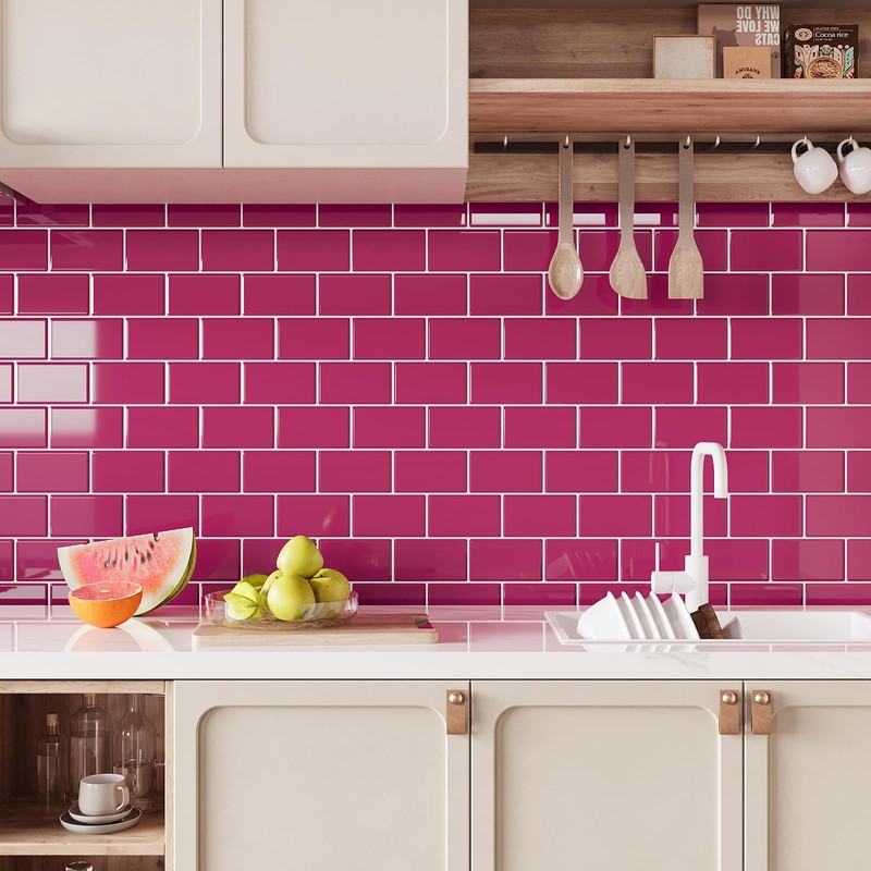 VEELIKE 6 Sheets Berry Pink Subway Tile Peel and Stick