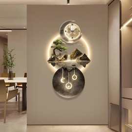 XQDYSG LED Light Art Wall Decor, 3D Art Wall Decor Clock, Decor Wall Sculptures with Lights, Modern Home Decor Landscape Wall Sculpture, Plug-in Power Supply, Gold D, 23x47IN