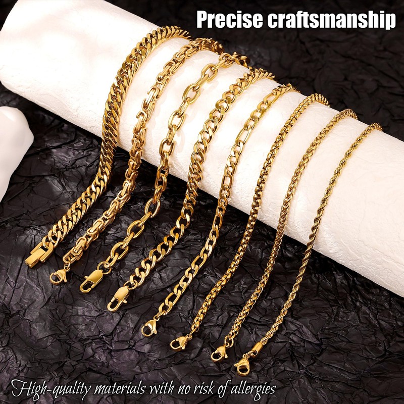 8Pcs Stainless Steel Chain Bracelets for Men Women Cuban Link