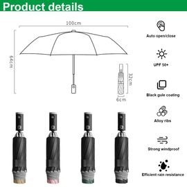 Jiotouhu 10 Ribs Umbrella Pro, UPF 50+ 99% UV Protection, Reflective Safety Strip, Sturdy Windproof, Travel Portable, Automatic, Reverse Folding Umbrella, with LED, Black