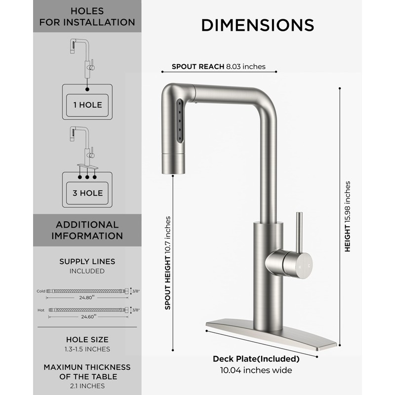 FORIOUS Waterfall Kitchen Faucet with Pull Down Sprayer, 5 Spout