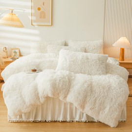 ERLOXO Fluffy Beige Faux Fur Comforter Cover Queen Set - 4Pcs Fuzzy Plush Cream Bedding (1 Duvet Cover, 2 Pillowcases, 1 Velvet Bed Skirt)