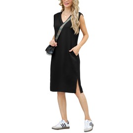 GRECERELLE Womens Summer Casual V-Neck Loose Split Midi Sun Dress with Pockets (Large, Black)