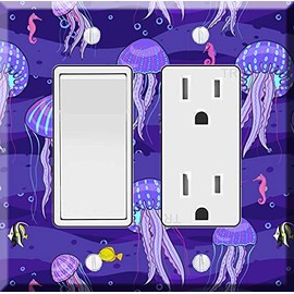 2-Gang Decorator GFCI Outlet Wall plate - Sea jellyfish, tropical fishes, seahorse, waves on dark purple background